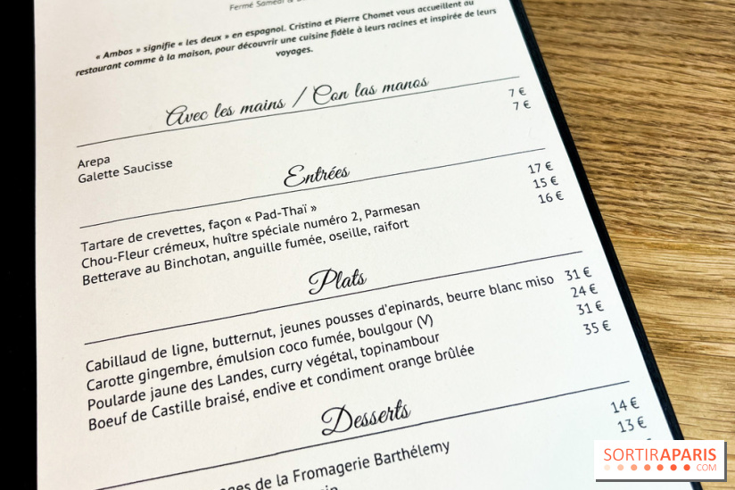 Ambos restaurant Paris - Cristina et Pierre Chomet - menu