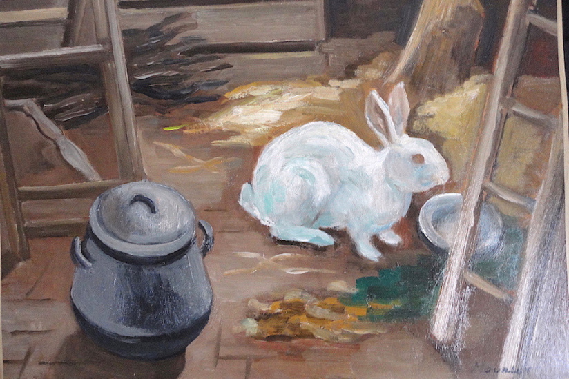 Campagne #32834 - Lapin blanc à l'échelle Huile M.M.