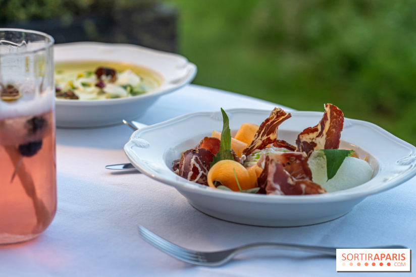 La terrasse dans un jardin avec vue Tour Eiffel du Marguerite 1606 au Domaine de la Reine Margot -  A7C1365