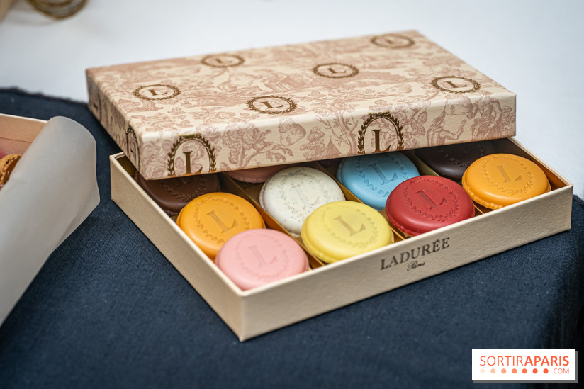 La bûche coffrets de Noël en trompe l'œil de Ladurée 2024 par Julien Alvarez et les créations de fête - macarons
