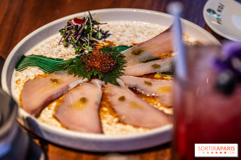 Pink Koï Paris - restaurant japonais -  Hamashi yuzu Kosjo, carpaccio de yallow tails à l'huile de truffe noire et yuzu épicé