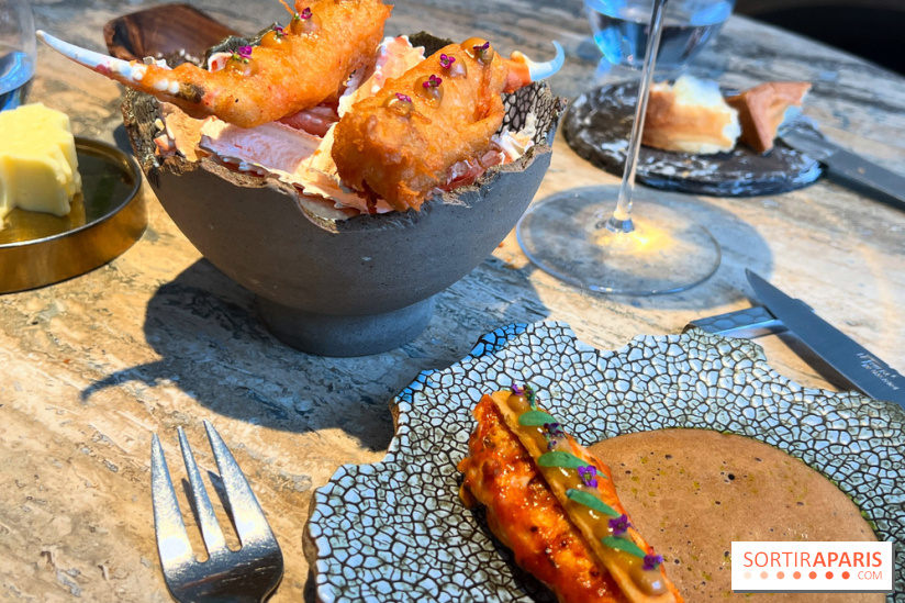 Restaurant Alan Geaam - La Langoustine Royale Cuite au BBQ et mariné aux épices taouk, kumquat, aïoli et tagète