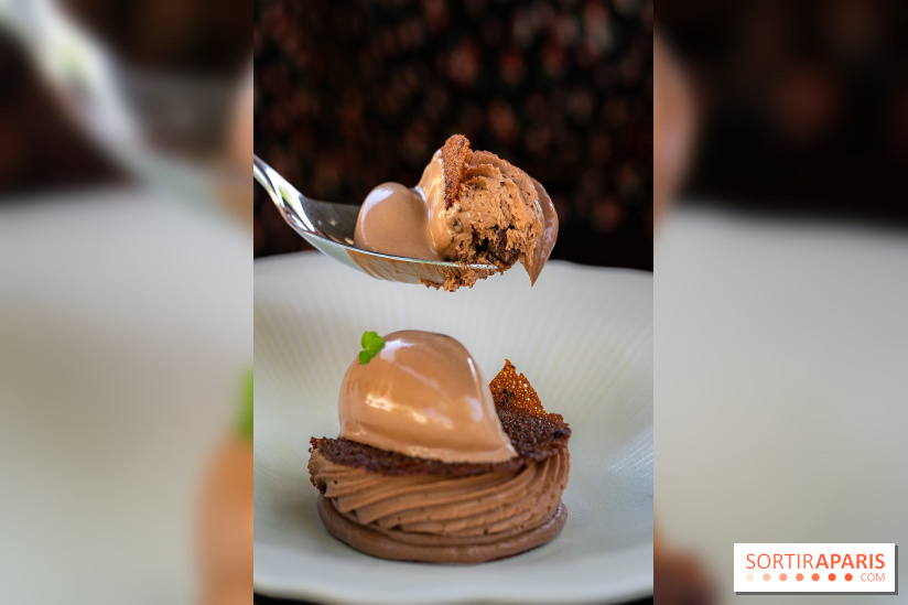 Restaurant Papylles à Bois-le-Roi - les photos - Le chocolat 66% Nicolas Berger En texture et en crémeux, praliné au grué de cacao, sorbet chocolat