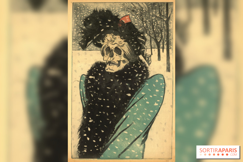 La Mort en fourrures, Eugène Delâtre, vers 1897 Eau-forte et aquatinte en couleurs - 32,5 x 50,5 cm