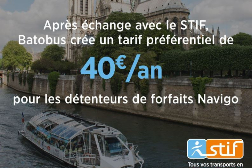 Abonnement batobus à 40 € par an le carte Navigo