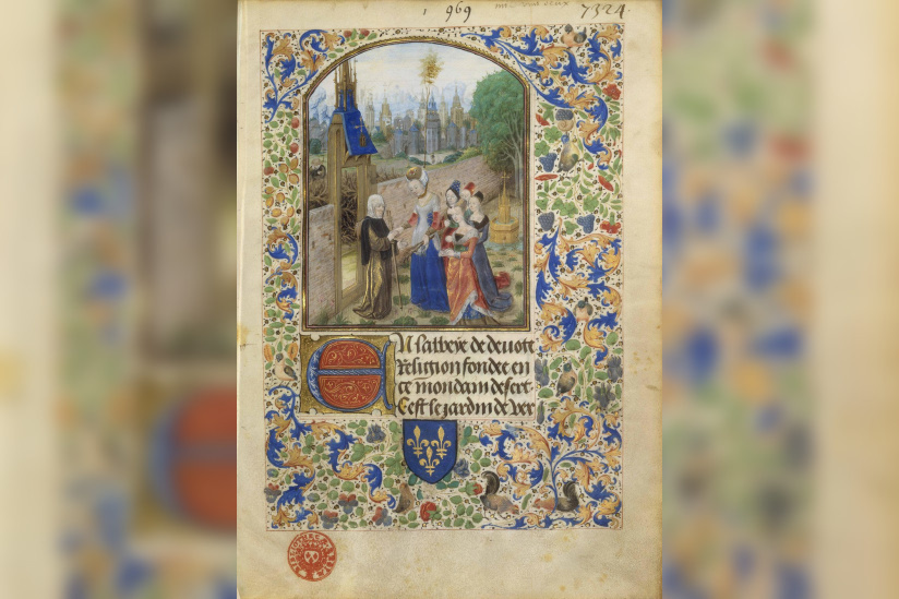 Miniatures Flamandes, exposition BNF Pierre d’Ailly, Jardin de vertueuse consolation : la sainte Âme reçue par Obédience et les quatre vertus cardinales. Enlumineur : Maître de Marguerite d’York, vers 1470-1480. BnF, dpt des Manuscrits