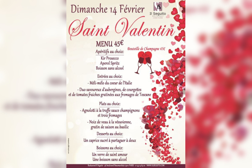 Soirée St-Valentin Dimanche 14 février à Il Seguito restaurant Paris Bastille 