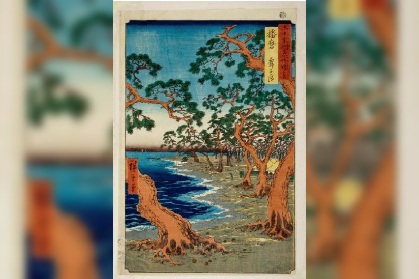 Utagawa Hiroshige Plage des maiko dans la province de Harima Série des Vues des sites célèbres des soixante et quelques provinces du Japon 1853/XII, nishiki-e (estampe à partir d’une gravure colorée) : papier, encre, pigments, 36 x 24,1 cm. Museum Volkenkunde, Leiden/Musée national d’Ethnologie, Leyde, inv. 2494-46 © Museum Volkenkunde, Leiden/Musée national d’Ethnologie, Leyde