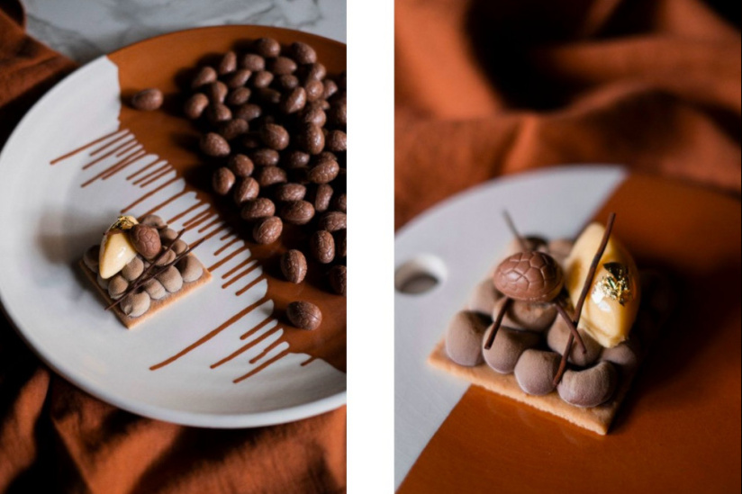 La recette du sablé au chocolat, crème orange et praliné noisettes de Pierre Augé