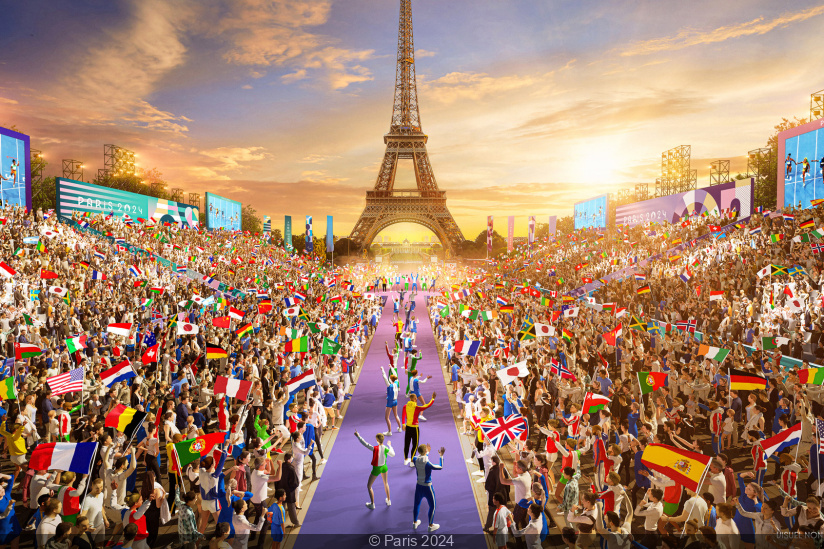 Paris dévoile des anneaux olympiques géants au Trocadéro