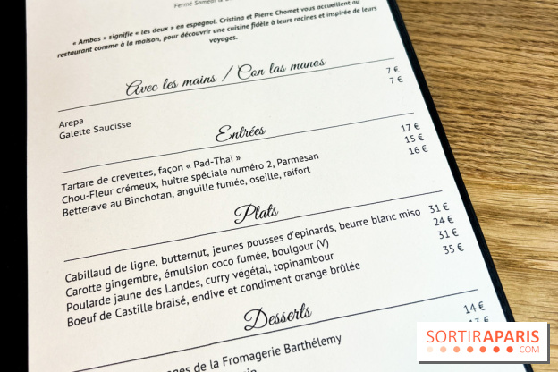Ambos restaurant Paris - Cristina et Pierre Chomet - menu