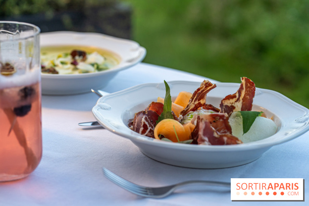 La terrasse dans un jardin avec vue Tour Eiffel du Marguerite 1606 au Domaine de la Reine Margot -  A7C1365