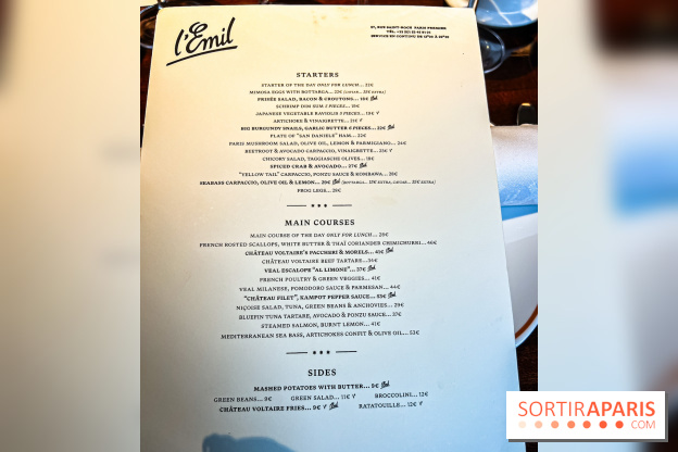 Brasserie Émil à Paris - carte - menu