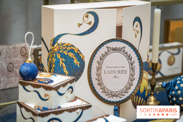 La bûche coffrets de Noël en trompe l'œil de Ladurée 2024 par Julien Alvarez et les créations de fête