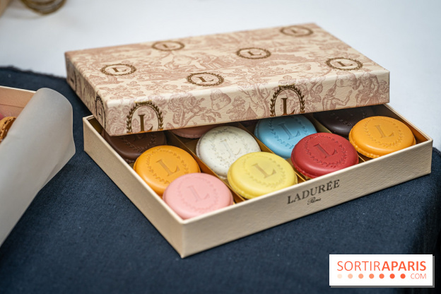 La bûche coffrets de Noël en trompe l'œil de Ladurée 2024 par Julien Alvarez et les créations de fête - macarons