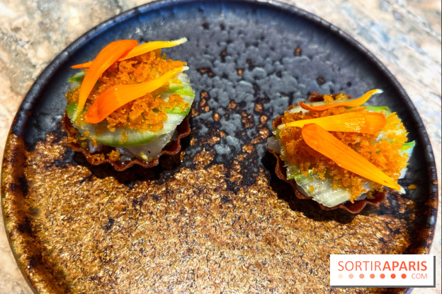 Restaurant Alan Geaam - Tartelette tartare de bar, carpaccio d’asperges vertes, poutargue