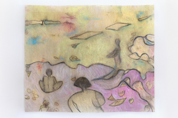 Lettres du quotidien : exposition de Malak et Mona Varichon  - Malak El Zanaty Varichon,  La baignade, mer jaune , 2017  De l'autre côté du ciel avec eux sous les étoiles  Cocotte, Treignac, 2021