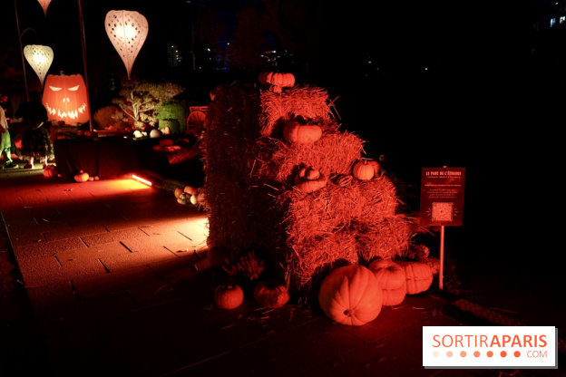 Parc de l'Étrange 2026 : Pyramide de foin et citrouilles dans un décor d’Halloween nocturne