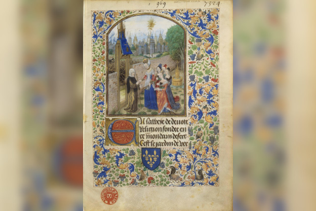 Miniatures Flamandes, exposition BNF Pierre d’Ailly, Jardin de vertueuse consolation : la sainte Âme reçue par Obédience et les quatre vertus cardinales. Enlumineur : Maître de Marguerite d’York, vers 1470-1480. BnF, dpt des Manuscrits