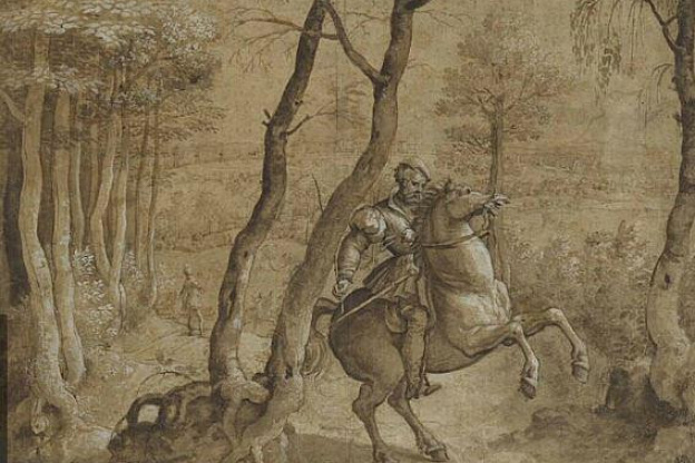 Barend Van Orley, cavalier sur un cheval qui se cabre, dans une région boisée