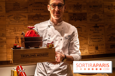 La Bûche de Noël d'Adrien Salavert aux Belles Perdrix de Troplong Mondot 2022 - hotte de vendanges du Père Noël