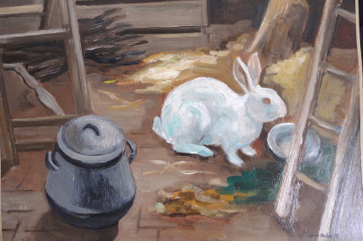 Campagne #32834 - Lapin blanc à l'échelle Huile M.M.