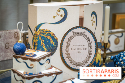 La bûche coffrets de Noël en trompe l'œil de Ladurée 2024 par Julien Alvarez et les créations de fête