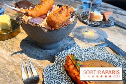 Restaurant Alan Geaam - La Langoustine Royale Cuite au BBQ et mariné aux épices taouk, kumquat, aïoli et tagète