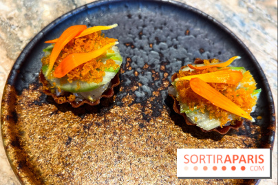 Restaurant Alan Geaam - Tartelette tartare de bar, carpaccio d’asperges vertes, poutargue