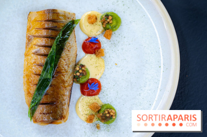 Restaurant Papylles à Bois-le-Roi - les photos - Le maquereau à la flamme, moutarde fumée, piquillos et ail des ours