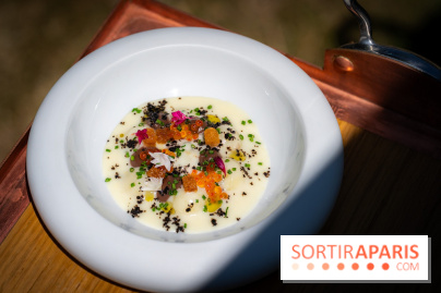 Restaurant Papylles à Bois-le-Roi - les photos - La pomme de terre nouvelles de Julien Favry Velouté Vichyssoise, œufs de truite fumée, olives noires