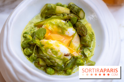 La terrasse jardin du Sax Hotel avec piscine - oeuf poché asperges vertes
