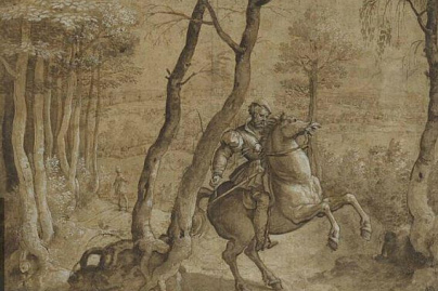 Barend Van Orley, cavalier sur un cheval qui se cabre, dans une région boisée