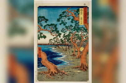 Utagawa Hiroshige Plage des maiko dans la province de Harima Série des Vues des sites célèbres des soixante et quelques provinces du Japon 1853/XII, nishiki-e (estampe à partir d’une gravure colorée) : papier, encre, pigments, 36 x 24,1 cm. Museum Volkenkunde, Leiden/Musée national d’Ethnologie, Leyde, inv. 2494-46 © Museum Volkenkunde, Leiden/Musée national d’Ethnologie, Leyde