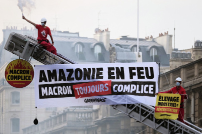 Paris : Greenpeace dénonce "l'hypocrisie" de Macron contre la déforestation devant l'Élysée