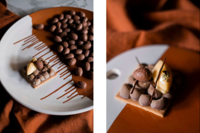 La recette du sablé au chocolat, crème orange et praliné noisettes de Pierre Augé