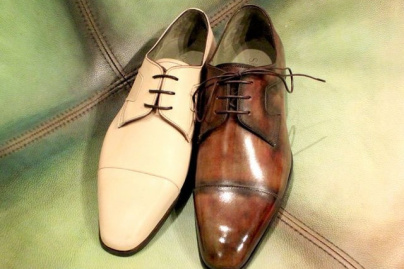 Souliers de la collection JMLEGAZEL, avant/après patine Dead Leaf