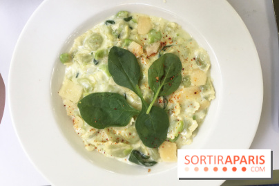 Ravioles du Dauphiné, pousses d'épinards, fèves et crème de parmesan