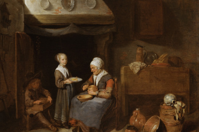 Quiringh Brekelenkam (après 1622 – après 1669), Vieille femme tranchant du pain et deux enfants, vers 1650-1660
