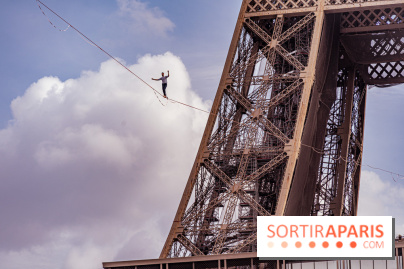 Le Funambule Nathan Paulin traverse le Trocadéro de la Tour Eiffel au Théâtre Chaillot