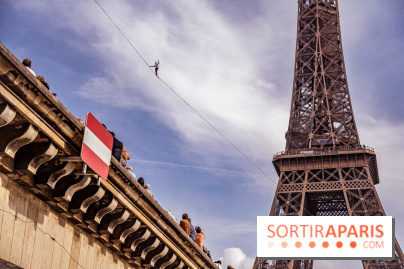 Le Funambule Nathan Paulin traverse le Trocadéro de la Tour Eiffel au Théâtre Chaillot