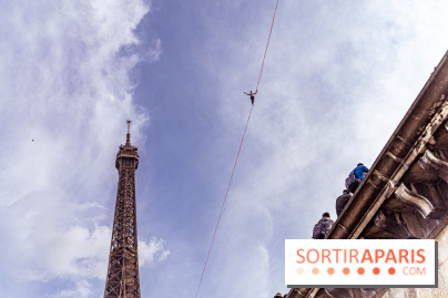 Le Funambule Nathan Paulin traverse le Trocadéro de la Tour Eiffel au Théâtre Chaillot