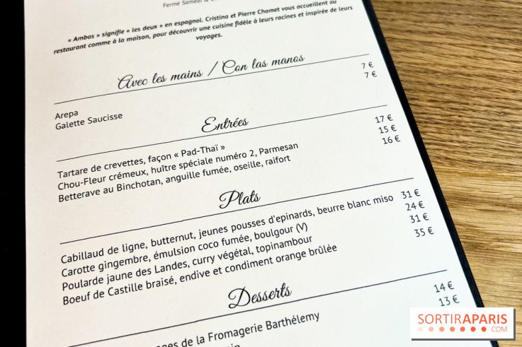 Ambos restaurant Paris - Cristina et Pierre Chomet - menu