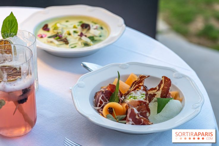 La terrasse dans un jardin avec vue Tour Eiffel du Marguerite 1606 au Domaine de la Reine Margot -  A7C1364
