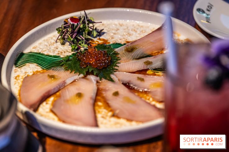 Pink Koï Paris - restaurant japonais -  Hamashi yuzu Kosjo, carpaccio de yallow tails à l'huile de truffe noire et yuzu épicé