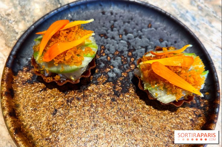 Restaurant Alan Geaam - Tartelette tartare de bar, carpaccio d’asperges vertes, poutargue