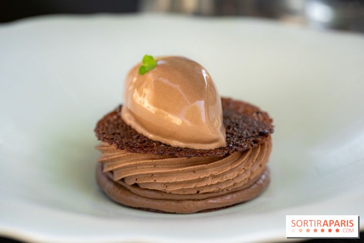 Restaurant Papylles à Bois-le-Roi - les photos - Le chocolat 66% Nicolas Berger En texture et en crémeux, praliné au grué de cacao, sorbet chocolat