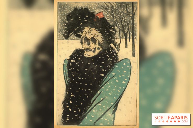 La Mort en fourrures, Eugène Delâtre, vers 1897 Eau-forte et aquatinte en couleurs - 32,5 x 50,5 cm