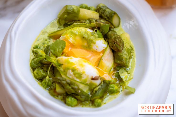 La terrasse jardin du Sax Hotel avec piscine - oeuf poché asperges vertes