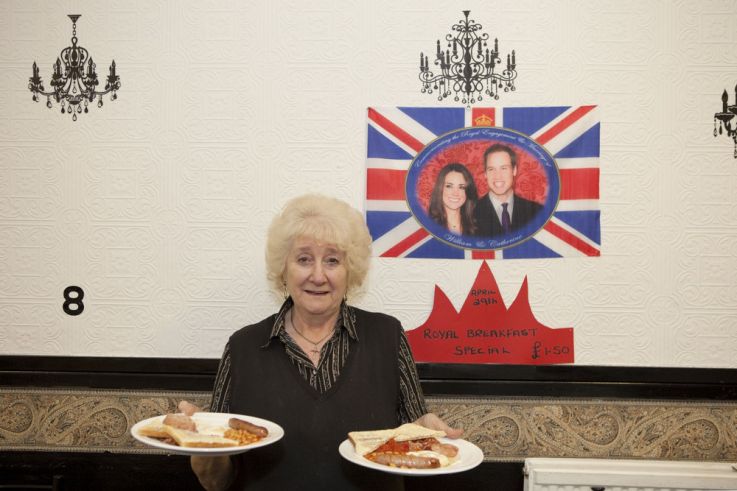 GB. England. Bilston. The Black Country. The Royal wedding between Kate Middleton and Prince William. Royal Breakfast Special at Ginghams Cafe. 2011.